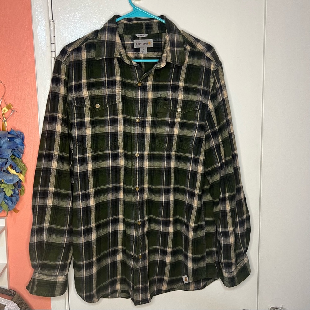 Carhartt Green Plaid Casual Button Down Shirt